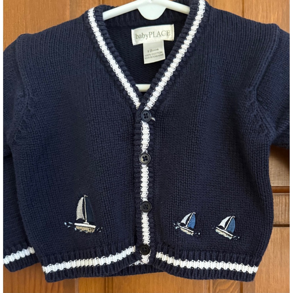 Baby Place Embroidered Sailing Cardigan‎ Sweater Infant 12 months Navy Boating
